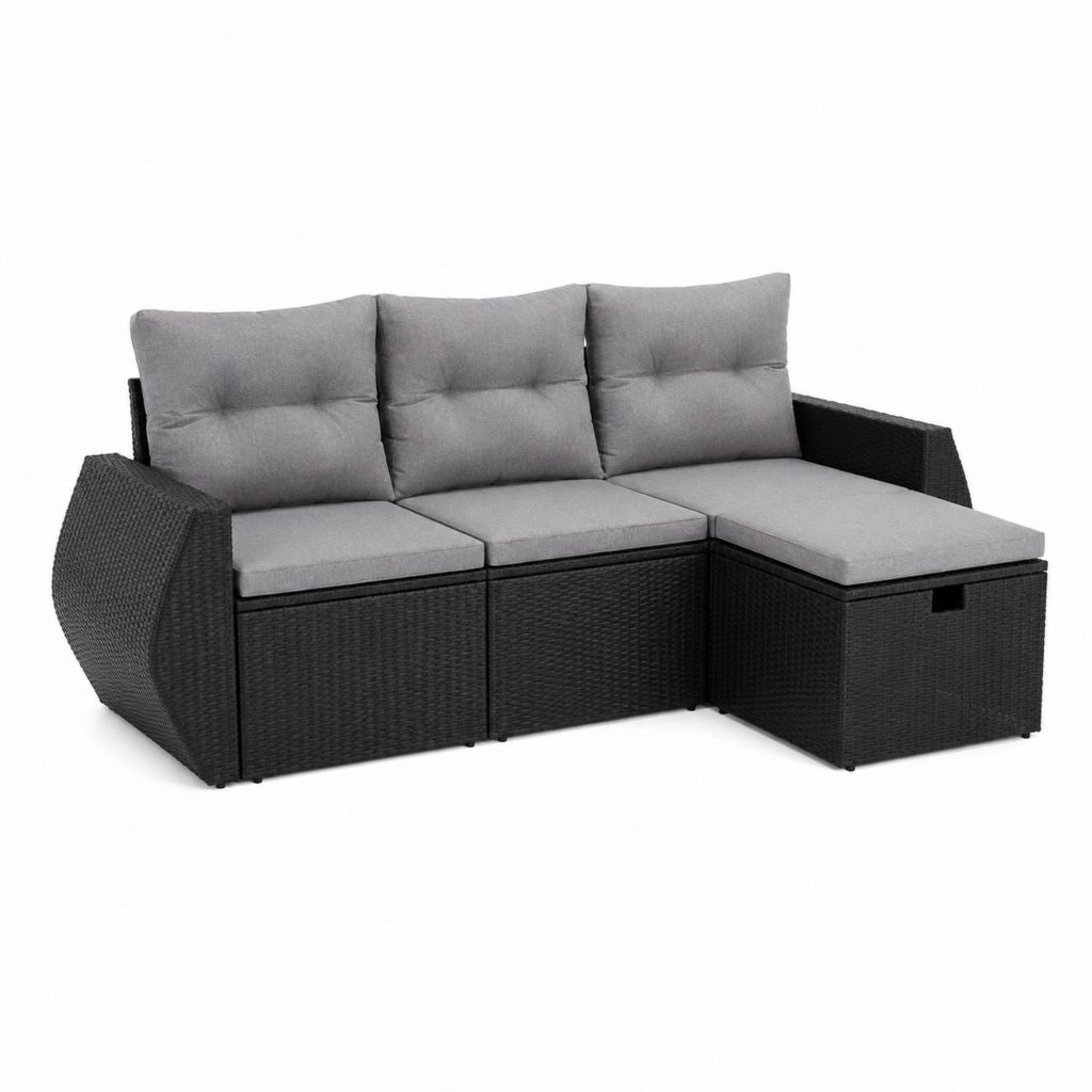 Gartenlounge Ecksofa Set 3-teilig Schwarz Polyethylen-Rattan mit grauen Polyesterkissen 180 x 70 x 63 cm