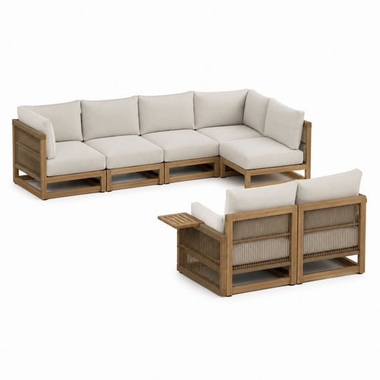 5-teiliges Gartensofa Ecksofa Naturholz Beige mit Polyesterkissen 282 x 222 x 76 cm