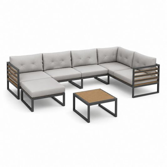 Garten-Loungeset Ecksofa 5-teilig Grau Stahl Akazienholz L-Form 286 x 216 x 70 cm