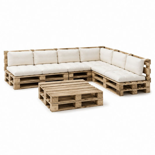 Paletten Lounge Set Ecksofa mit Tisch Natur Kiefer Massivholz Creme 240 x 180 cm