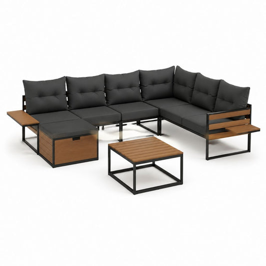 5-Sitzer Gartenlounge Ecksofa Set Schwarz Stahl Akazienholz L-Form 280 x 210 cm