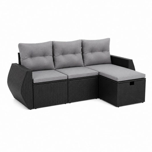 Gartenlounge Ecksofa Set 3-teilig Schwarz Polyethylen-Rattan mit grauen Polyesterkissen 180 x 70 x 63 cm