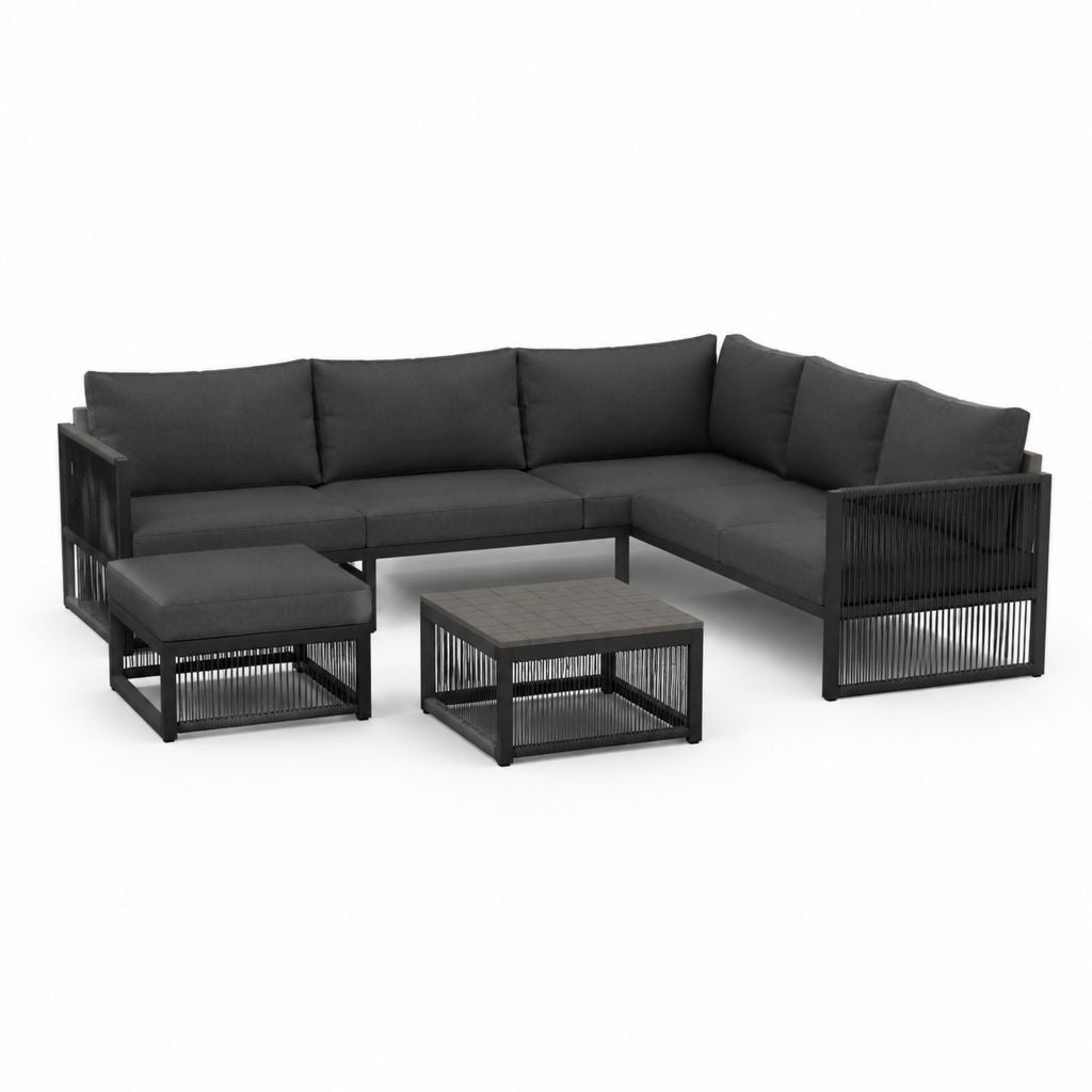 Gartenlounge Set L-Form Schwarz Aluminium Polyester 240 x 180 cm mit Couchtisch und Hocker