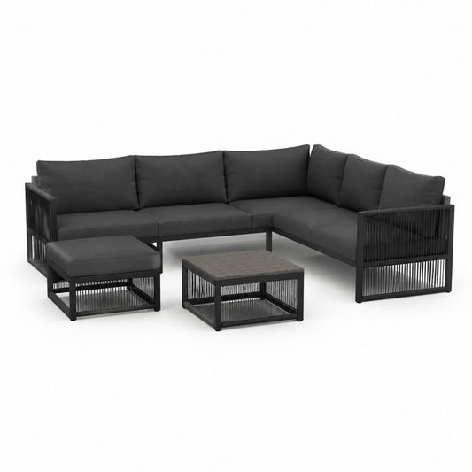 Gartenlounge Set L-Form Schwarz Aluminium Polyester 240 x 180 cm mit Couchtisch und Hocker