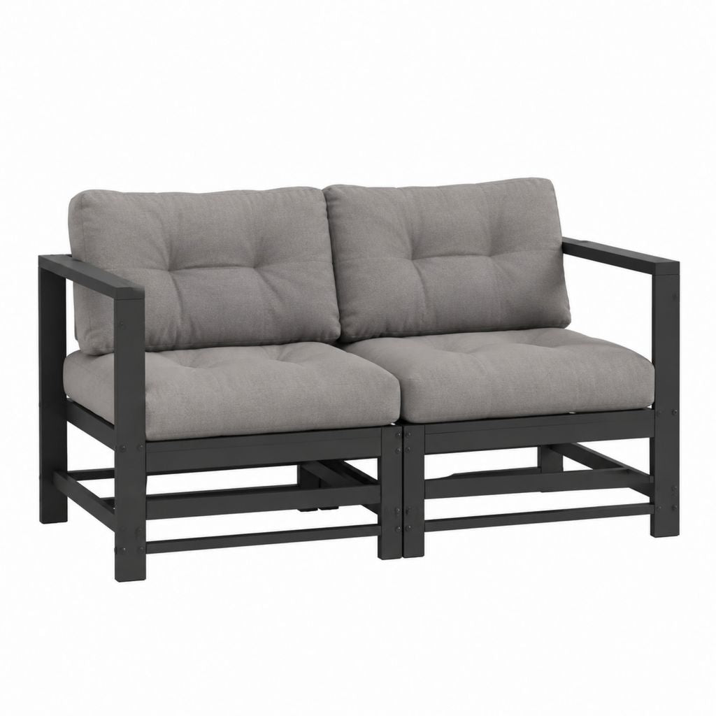 Gartensofa 2-Sitzer Schwarz Massives Kiefernholz Rechteckig 124 x 66 x 70 cm mit Grauen Polyesterkissen