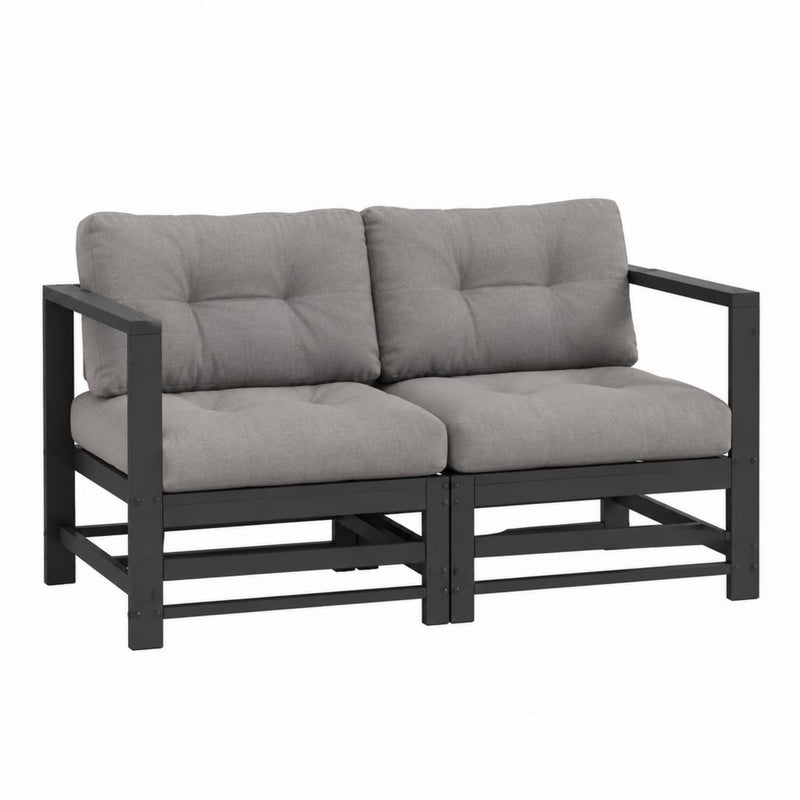 Gartensofa 2-Sitzer Schwarz Massives Kiefernholz Rechteckig 124 x 66 x 70 cm mit Grauen Polyesterkissen