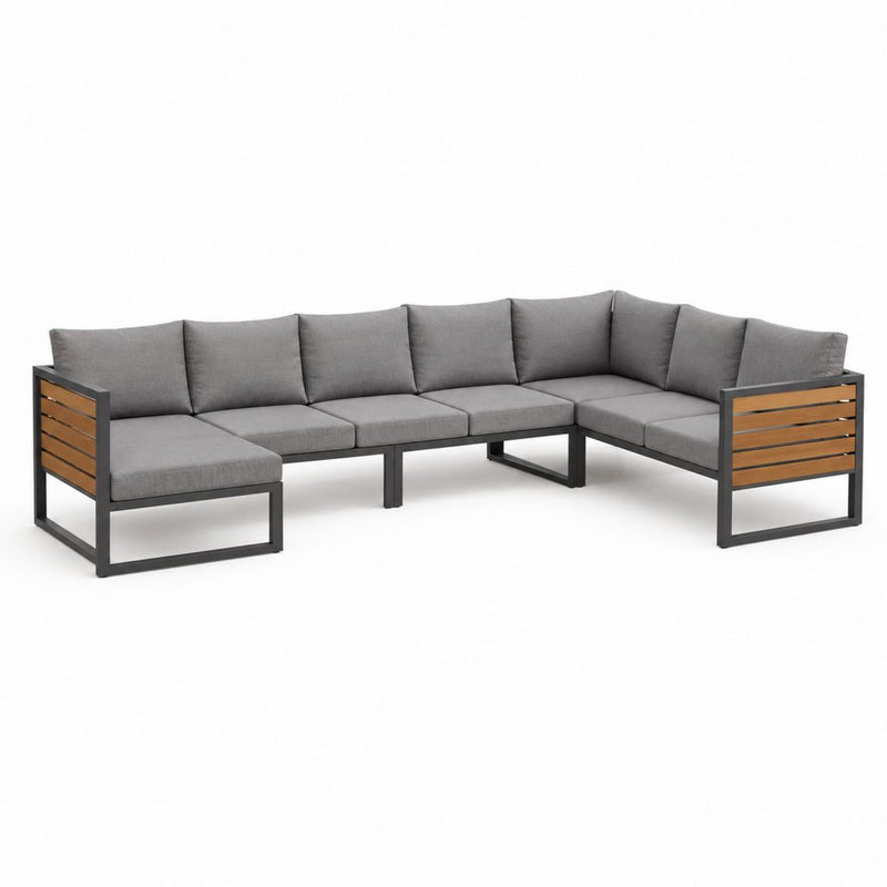 Garten-Loungesofa Ecksofa 6-Sitzer Grau Stahl Akazienholz L-Form 300 x 230 x 70 cm